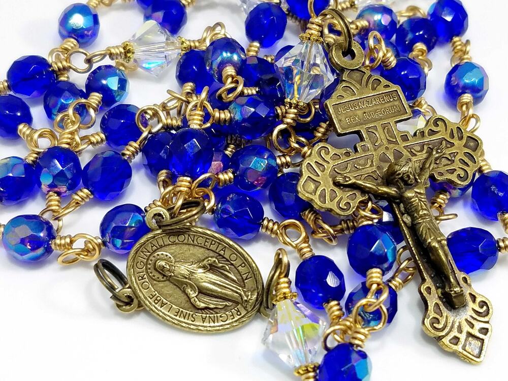 Handmade Cobalt Blue Czech Crystal Rosary Pardon Crucifix